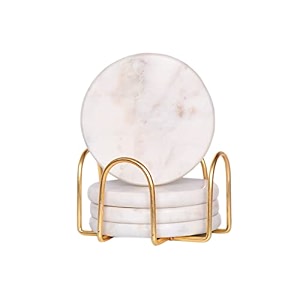 centralit round white marble coasters set of 4 with stand - bar wine coasters for table - set of 4 vintage handmade marble stone coaster set with holder round shape gold