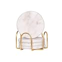 CentraLit Round White Marble Coasters Set of 4 with Stand - Bar Wine Coasters for Table - Set of 4 Vintage Handmade Marble Stone Coaster Set with Holder (Round Shape) (Gold)