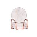 CentraLit Round White Marble Coasters Set of 4 with Stand - Bar Wine Coasters for Table - Set of 4 Vintage Handmade Marble Stone Coaster Set with Holder (Round Shape) (Rose Gold Stand)