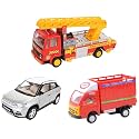 Centy Toys Plastic Brezza Pull Back Car (Multicolor) &amp; Fire Ladder Truck, Yellow &amp; Plastic Pull Back Carrier, 1 Pull Back Car, Multicolour, Kid