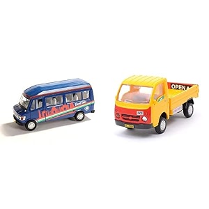 centy toys plastic pull back school bus and tata ace vehicle yellow and multicolour 1 piece each for kids