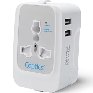 ceptics universal charger adapter 3 in 1 universal travel adapter all in one universal travel accessories 2 usb 24a 100-250 voltage travel charger international travel adapter white