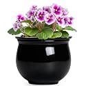 Ceramic African Violet Self Watering Pots, 6 Inch Self Watering Plant Pot with Absorbent Inner Pot, Flower Pots for Indoor Plants, Round Ceramic Planter, Home Decor, Plant Lover Gifts, Black