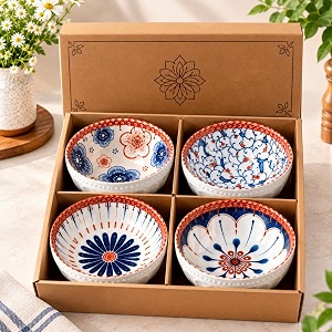 ceramic bowl set of 4 multicolour decorative serving bowls - microwave amp dishwasher safe stackable food grade hand-painted floral katori set for dining kitchen gifting