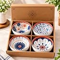 Ceramic Bowl Set of 4, Multicolour Decorative Serving Bowls - Microwave & Dishwasher Safe, Stackable, Food Grade, Hand-Painted Floral Katori Set for Dining, Kitchen, Gifting