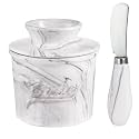 Ceramic Butter Crock with Lid & Spreader Knife, Butter Keeper - Ideal Butter Storage & Countertop Butter Dish, Marble White