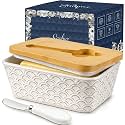 Ceramic Butter Dish with Lid for Countertop, Large Butter Container with Bamboo Lid and Butter Knife, Embossed Butter Keeper, Everyday Butter Holder for Home (Scalloped Pattern)