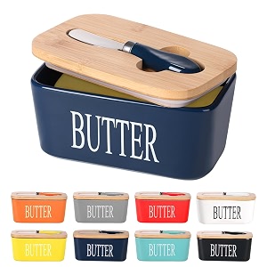 ceramic butter dish with wooden lid lesige large butter container keeper storage with stainless steel butter knife spreader bamboo cover and silicone sealing ring for west east coast butter blue