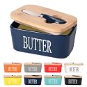 Ceramic Butter Dish with Wooden Lid, Lesige Large Butter Container Keeper Storage with Stainless Steel Butter Knife Spreader, Bamboo Cover and Silicone Sealing Ring for West East Coast Butter, Blue