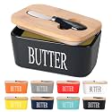 Ceramic Butter Dish with Wooden Lid, Lesige Large Butter Container Keeper Storage Plate with Stainless Steel Butter Knife, Bamboo Cover and Silicone Sealing Ring for West East Coast Butter, Black