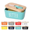 Ceramic Butter Dish with Wooden Lid, Lxmons Large Butter Container Keeper Storage with Stainless Steel Butter Knife Spreader, Bamboo Cover and Silicone Sealing Ring for West East Coast Butter, Green