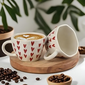 Ceramic Coffee Mug with Red Hearts Pattern