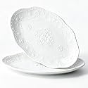 Ceramic Dinner Plates Set of 2, 10 Inch White Embossed Plates Oval