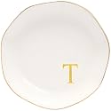 Ceramic Jewelry Tray Initial Ring Dish Personalized T-Monogrammed Engagement Wedding Gifts, for Birthday Mother's Day Christmas for Women, Ceramic White 4.75" (T)