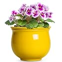 Ceramic Self Watering Planters, 6 Inch African Violet Pots for Indoor Outdoor Plants, Ceramic Plant Pot with Absorbent Inner Pot, Round Flower Pots, Living Room Decor, Gifts for Women, Yellow