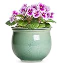 Ceramic Self Watering Pots, 6 Inch African Violet Pots with Absorbent Inner Pot, Round Self Watering Planter for Indoor Plants, Ceramic Pot for Plants, House Decor, Gifts for Women Men, Green