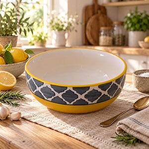ceramic serving bowl 800 ml yellow grey  medium ceramic bowl for salad pasta noodles fruits curry amp snacks  premium tableware for kitchen amp dining  1 piece