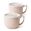 Ceramic Soup Bowl with Handle 32oz – Microwave Ramen Bowl with Lid, Soup Mugs & Cups for Cereal, Oatmeal, Ramen, Instant Noodle, Soup Container with Lid (Beige)