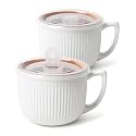 Ceramic Soup Bowl with Handle 32oz – Microwave Ramen Bowl with Lid, Soup Mugs &amp; Cups for Cereal, Oatmeal, Ramen, Instant Noodle, Soup Container with Lid (White)