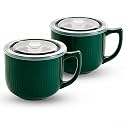 Ceramic Soup Bowl with Handle &amp; Lid, 32oz Microwave Ramen Bowl Set of 2