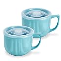 Ceramic Soup Bowl with Handle &amp; Lid, 32oz Microwave Ramen Bowl Set of 2