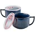 Ceramic Soup Bowl with Handle&amp;Lid, Jumbo 38oz Microwave Ramen Bowl Set of 2