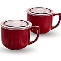 Ceramic Soup Bowl with Handle &amp; Lid, 32oz Microwave Ramen Bowl Set of 2