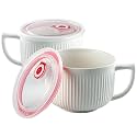 Ceramic Soup Bowl with Handle&amp;Lid, Jumbo 38oz Microwave Ramen Bowl Set of 2