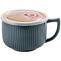 Ceramic Soup Bowl with Handle &amp; Lid, Jumbo 38oz Microwave Ramen Bowl Gray