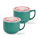 Ceramic Soup Bowl with Handle &amp; Lid, 32oz Microwave Ramen Bowl Set of 2
