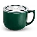 Ceramic Soup Bowl with Handle &amp; Lid, 32oz Microwave Ramen Bowl Forest Green