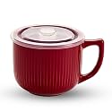 Ceramic Soup Bowl with Handle &amp; Lid, 32oz Microwave Ramen Bowl Burgundy Red