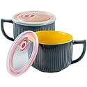 Ceramic Soup Bowl with Handle&amp;Lid, Jumbo 38oz Microwave Ramen Bowl Set of 2