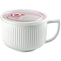 Ceramic Soup Bowl with Handle &amp; Lid, Jumbo 38oz Microwave Ramen Bowl White