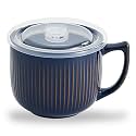 Ceramic Soup Bowl with Handle &amp; Lid, 32oz Microwave Ramen Bowl Vintage Blue