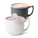 Ceramic Soup Bowls with Vented Lid, 32 Ounce Soup Mug with Handle, 2packs 5 inch Jumbo Soup Cups, Wide Large Cereal Bowl for Oatmeal, Gumbo Salad, Microwave Oven Safe (Gray & White)