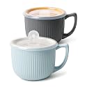 Ceramic Soup Bowls with Vented Lid, 32 Ounce Soup Mug with Handle, 2packs 5 inch Jumbo Soup Cups, Wide Large Cereal Bowl for Oatmeal, Gumbo Salad, Microwave Oven Safe (Gray & Blue)