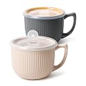 Ceramic Soup Bowls with Vented Lid, 32 Ounce Soup Mug with Handle, 2packs 5 inch Jumbo Soup Cups, Wide Large Cereal Bowl for Oatmeal, Gumbo Salad, Microwave Oven Safe (Beige & Gray)
