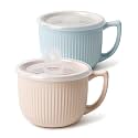 Ceramic Soup Bowls with Vented Lid, 32 Ounce Soup Mug with Handle, 2packs 5 inch Jumbo Soup Cups, Wide Large Cereal Bowl for Oatmeal, Gumbo Salad, Microwave Oven Safe (Blue & Beige)