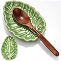 Ceramic Spoon Rest, Spoon Holder for Stove Top, Kitchen Counter, Utensils, Ladle, Coffee Spoons, Cooking spoons, Spatula, Tongs, Heat-Resistant, Housewarming Gifts (Green Leaf)