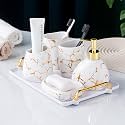 Ceramics White Bathroom Accessories Set,Gold Marble Look Bathroom Decor,Modern 6 Piece Bathroom Accessory Set,Complete with Soap Dispenser,Toothbrush Holder,Tumbler,Tray Countertop