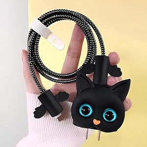 cerlink charger protector for iphone apple chargers 18w amp 20w 3d cute pattern cartoon cable sleeve data saver protective case cover silicone full protection black cat