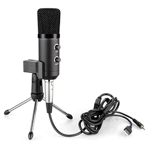 cezo usb microphone with aux computer cardioid condenser microphone for pc gaming plug amp play mic with tripod stand amp volume control for singing streaming podcasting compatible with laptop amp desktop
