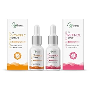 cgg cosmetics ampm anti-aging combo - 2 vitamin c amp 2 retinol face serum targets skin for fine lines wrinkles age spotes - dry aging skin-10ml
