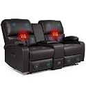 CHABATREE Home Theater Seating,RV Recliner Sofa with Massage and Heat,Manual RV Recliner Loveseat with USB/Cup Holders and Side Pocket for Living Room,Loveseat Brown