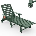 Chaise Lounge Outdoor, Lounge Chair Outdoor with Wood Texture, Adjustable 5-Position Backrest, HDPE Lounge Chair with Wheels &amp; Cup Holder for Pool Deck Backyard, Green
