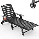 Chaise Lounge Outdoor, Lounge Chair Outdoor with Wood Texture, Adjustable 5-Position Backrest, HDPE Lounge Chair with Wheels &amp; Cup Holder for Pool Deck Backyard, Black