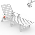 Chaise Lounge Outdoor, Lounge Chair Outdoor with Wood Texture, Adjustable 5-Position Backrest, HDPE Lounge Chair with Wheels &amp; Cup Holder for Pool Deck Backyard, White
