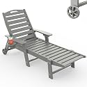 Chaise Lounge Outdoor, Lounge Chair Outdoor with Wood Texture, Adjustable 5-Position Backrest, HDPE Lounge Chair with Wheels &amp; Cup Holder for Pool Deck Backyard, Light Grey