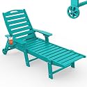 Chaise Lounge Outdoor, Lounge Chair Outdoor with Wood Texture, Adjustable 5-Position Backrest, HDPE Lounge Chair with Wheels &amp; Cup Holder for Pool Deck Backyard, Lake Blue